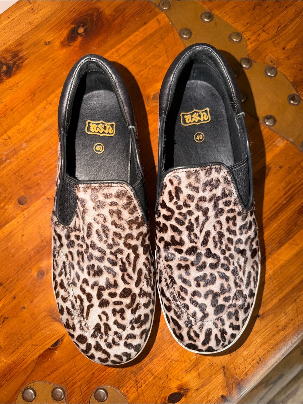 Ash Leopard-Print Real Cow Hair Slip-On Sneakers with Black Trim